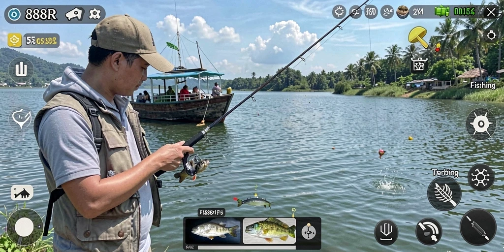 Screenshot gameplay 888R menampilkan aksi memancing yang mendebarkan.