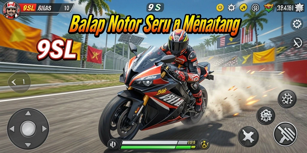 Screenshot menampilkan aksi balap motor yang seru dalam 9SL.