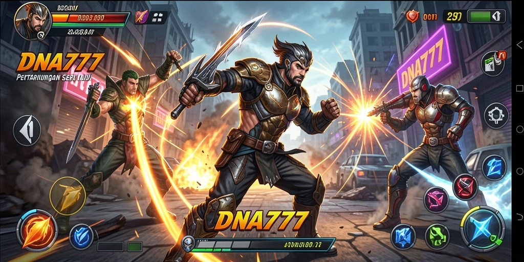 Screenshot gameplay DNA777 menunjukkan aksi pertarungan yang intens dan mendebarkan.