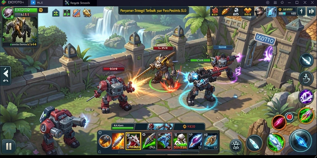Screenshot gameplay EXOTOTO dengan aksi pertempuran yang intens.