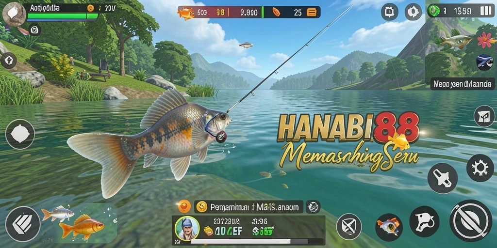 Tampilan gameplay HANABI88 yang menarik dengan berbagai ikan yang menunggu untuk ditangkap.