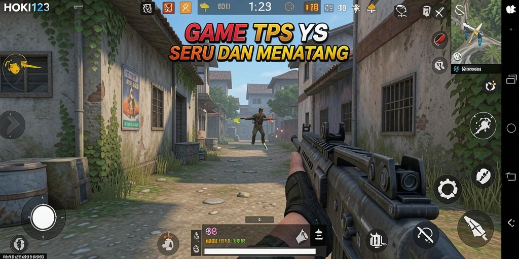 Screenshot menampilkan aksi intens gameplay HOKI123 dalam pertempuran TPS.