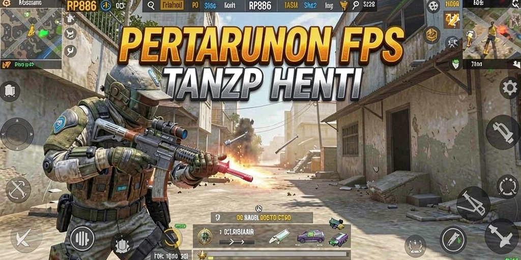 Tangkapan layar gameplay RP886 menunjukkan aksi adrenalin tinggi dalam pertempuran FPS.