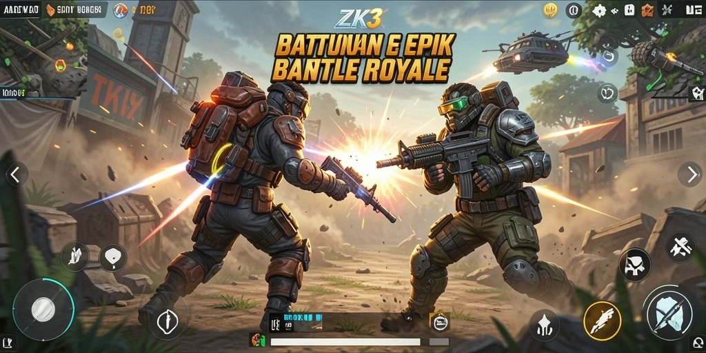 Screenshot utama ZK3 menampilkan aksi seru dalam pertarungan Battle Royale.